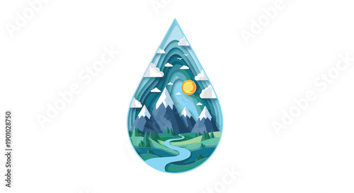 Detailed paper-cut style illustration of a pristine natural landscape featuring layered mountains lush trees a winding river and a radiant sun all encapsulated within a, Generative AI.