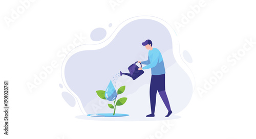 Stylized illustration of a person diligently watering a vibrant green seedling with a blue watering can symbolizing growth care and responsible water use, Generative AI.
