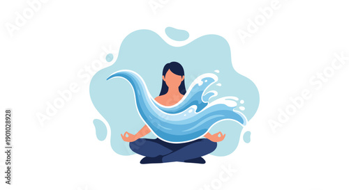 Serene woman meditating peacefully in the lotus position enveloped by a dynamic wave of water forming a graceful bird shape symbolizing tranquility and fluidity soft blue, Generative AI.