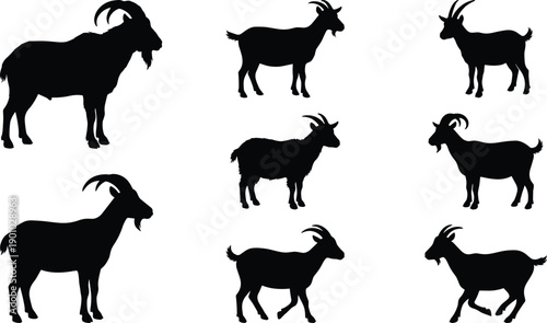 Goat silhouette set illustration showing multiple goat poses isolated on white background for farm livestock agriculture design use