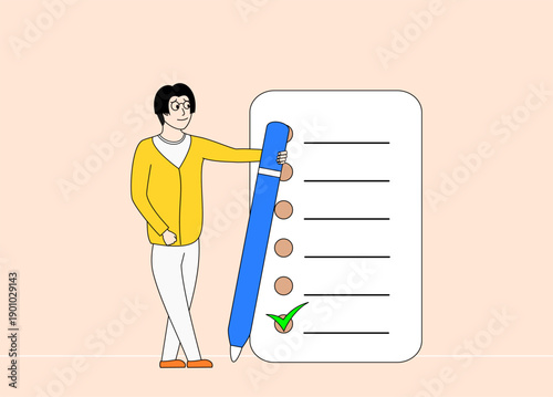 Man is holding a blue pen and standing in front of a white sheet of paper