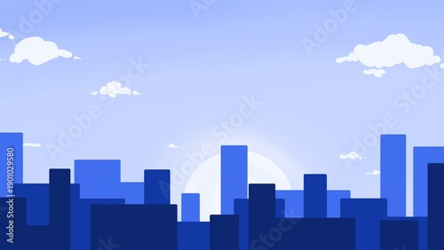 illustration of city buildings with cloudy sky and beautiful sun. illustration of blue city buildings. This illustration is suitable for use as a background.