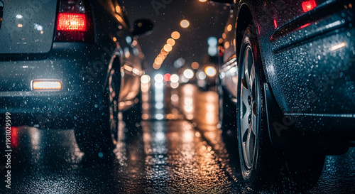Macro Close-Up of Rainy Night Urban Traffic Details with Lights and Reflections