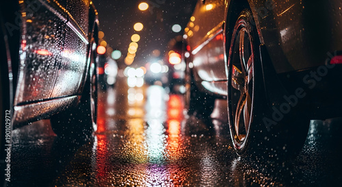 Macro Close-Up of Rainy Night Urban Traffic Details with Lights and Reflections