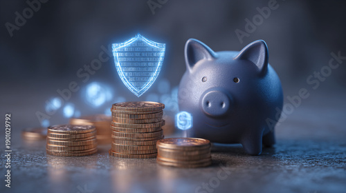 Piggy bank with coins and a digital shield symbolizing security.