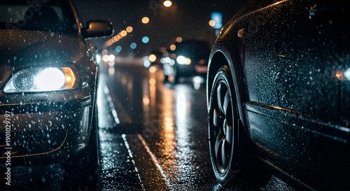 Macro Close-Up of Rainy Night Urban Traffic Details with Lights and Reflections