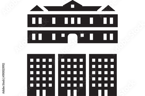 Building government icon with courthouse and office blocks, black silhouette architecture symbol for city administration, real estate, municipal services, app UI pictogram