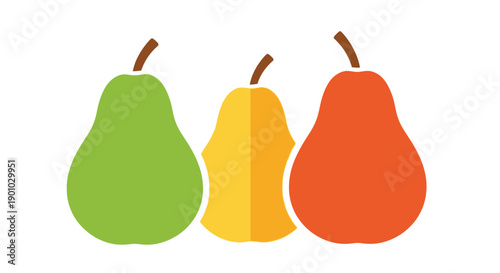 Three stylized pears in shades of green yellow and orange