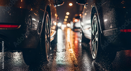Macro Close-Up of Rainy Night Urban Traffic Details with Lights and Reflections