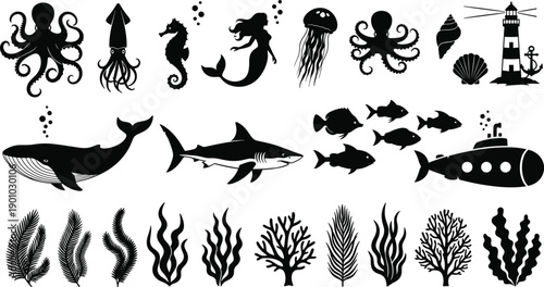 Underwater sea life silhouette collection featuring whale shark octopus mermaid and coral reef elements, cad drawing flat vector illustration set