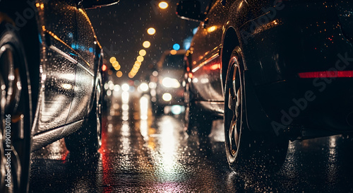 Macro Close-Up of Rainy Night Urban Traffic Details with Lights and Reflections