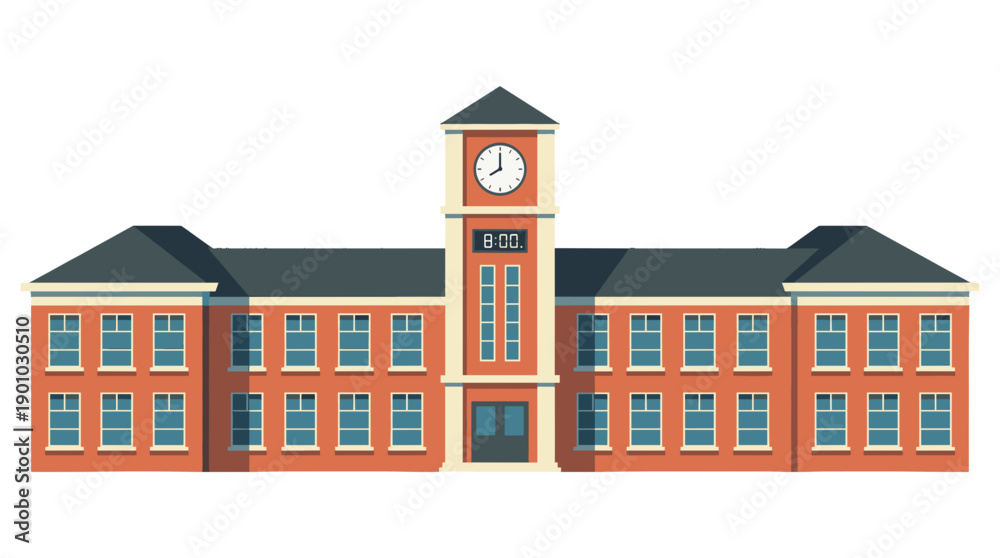 Fototapeta premium A beautifully drawn illustration of an old brick building with a clock tower and multiple windows