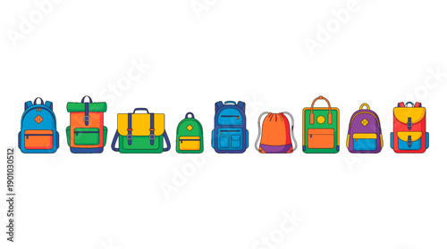 Colorful collection of various backpacks for school and travel, showcasing diverse designs and styles. This collection features vibrant colors and versatile shapes.
