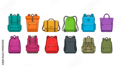 Diverse colorful backpacks for school, travel or outdoor activities. The collection includes various styles and colors, perfect for carrying essentials. 