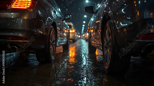 Macro Close-Up of Rainy Night Urban Traffic Details with Lights and Reflections