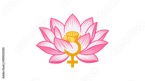 A pink lotus flower with a feminist symbol in the center. The lotus flower is in full bloom and the symbol is a representation of female empowerment