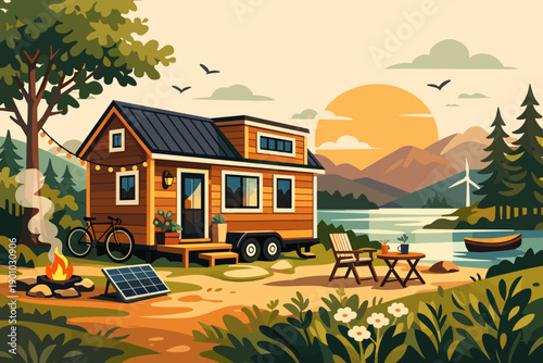 Tiny house off-grid living illustration with solar panels, nature landscape and sustainable lifestyle