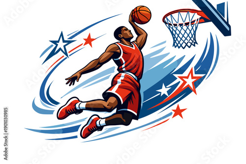 Dynamic basketball slam dunk illustration with flying athlete, motion trails and stars