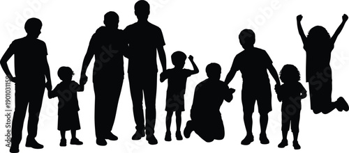 Family silhouette illustration showing parents and children standing together isolated on white background for love parenting lifestyle concept design