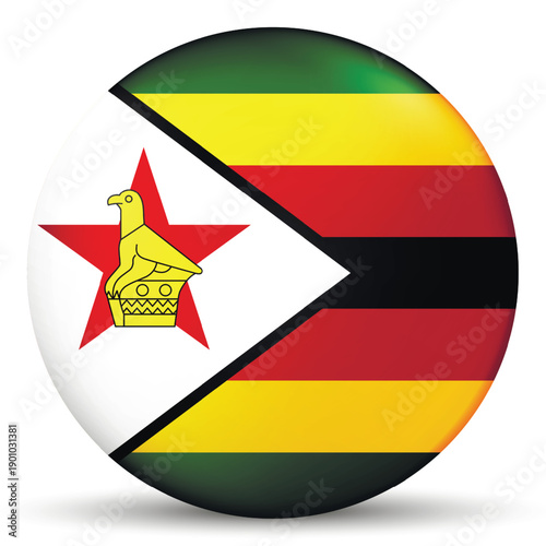 Glass light ball with flag of Zimbabwe. Round sphere, template icon. National symbol. Glossy realistic ball, 3D abstract vector illustration highlighted on a white background. Big bubble.