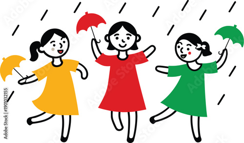 Two happy girls with umbrellas, playing in the rain, cheerful cartoon style