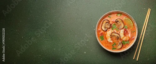 Obraz  z motywem Tom yum soup with shrimp and mushrooms in bowl with chopsticks top view, traditional Thai soup