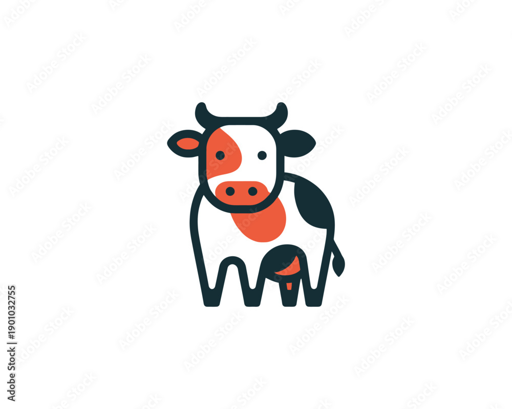 Naklejka premium Cute cow standing mascot with orange patches vector logo
