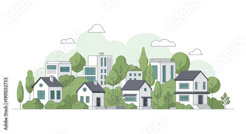 Modern Eco Village with Green Trees and Houses, Urban Landscape Illustration