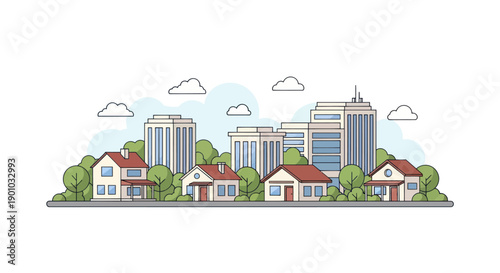 Modern city skyline with residential houses and office buildings, green trees, clouds