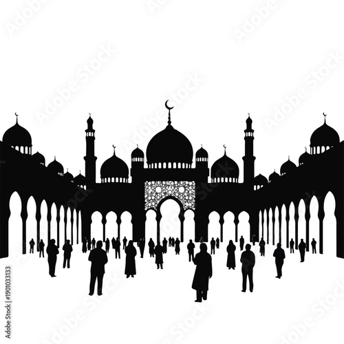 Silhouette of Mosque with People Gathering.