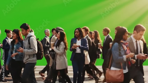 Wallpaper Mural Green Screen big city life concept rush hour people crossing the street drinking coffee hurrying walking talking texting messages on a chroma key scene 1 with distortion, overlay, glitch, static Torontodigital.ca