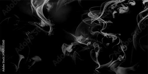 Smoke steam set of airborne particulates and gases emitted. Gray smokes or steam, for use on dark background.  Abstract, messy, splattered, sprayer texture. 