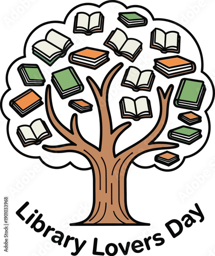 Book Tree with 'Library Lovers Day' text, educational concept illustration