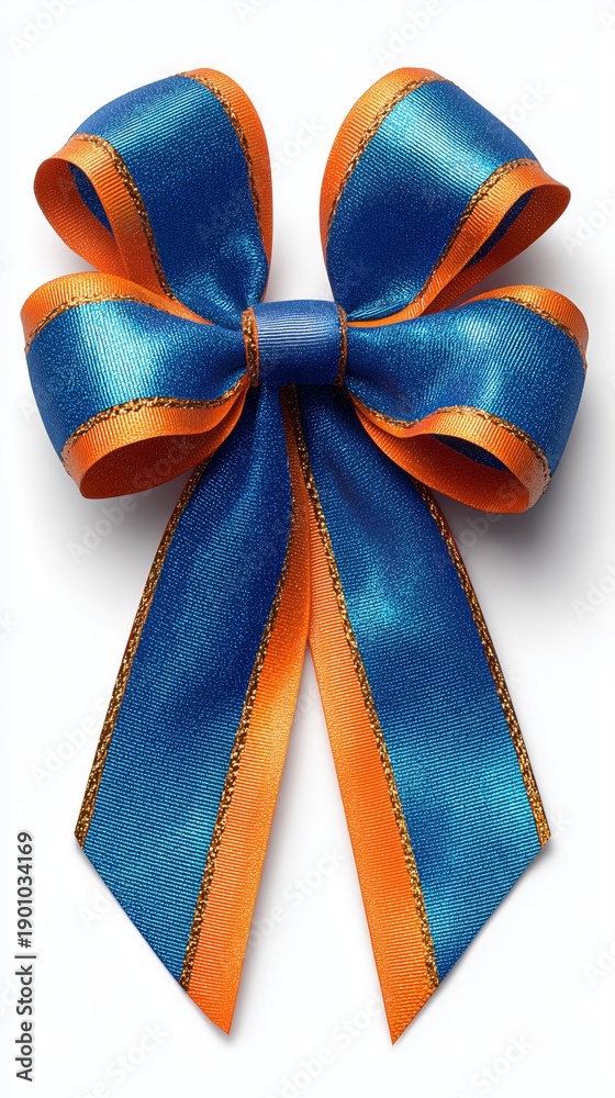 Fototapeta premium A ribbon bow with vibrant blue and orange colors, perfect for gift wrapping or festive decoration. Generative AI.