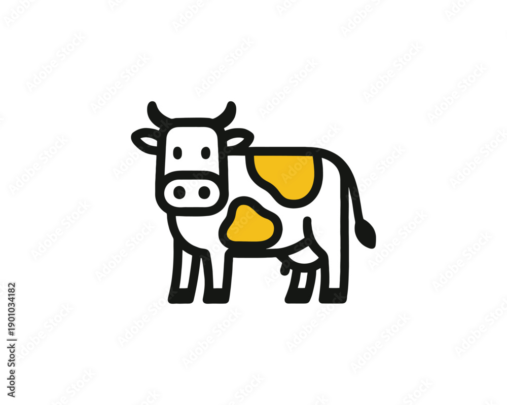 Obraz premium Dairy cow standing mascot with yellow patches minimalist vector logo