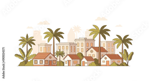 Flat illustration of a suburban neighborhood with palm trees and modern buildings
