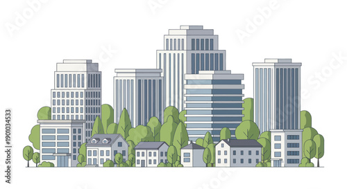 Modern Cityscape with Skyscrapers and Houses, Green Trees, Flat Design