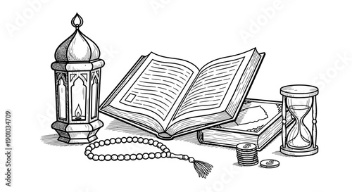 Ramadan Kareem Islamic Concept Illustration with Holy Quran, Lantern, Tasbih, and Hourglass Hand Drawn Line Art