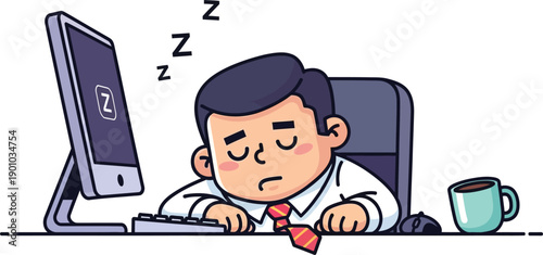 Tired businessman sleeping at desk with computer, cartoon style