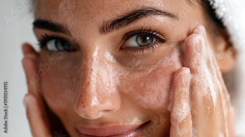 Skincare routine with facial cleansing foam on cheeks, fresh wet skin texture and natural beauty. Detailed closeup for hygiene, cosmetic and self care messaging