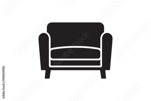 Black silhouette of a modern armchair with thick armrests and cushions, comfortable seating for home or office, isolated on white