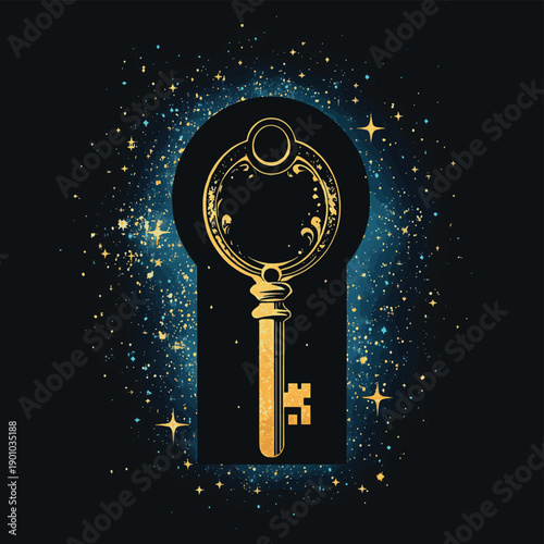 Shining vintage key hole with stars icon