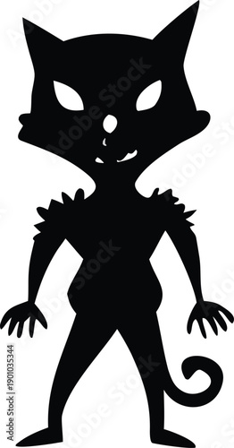 A stylized black silhouette cat with exaggerated features standing upright in a menacing pose