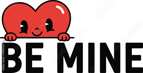 A charming vector illustration of a cute red heart character peeking over a horizontal ledge. The mascot features a shy, smiling face and small paws holding onto the edge, situated above the bold blac