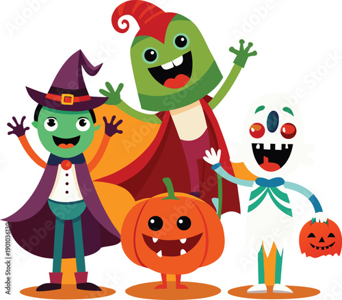 A cheerful cartoon group of whimsical halloween characters celebrating spooky season with vibrant colors