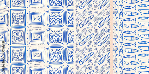 Blue and white repeating pattern featuring fish pasta and geometric shapes