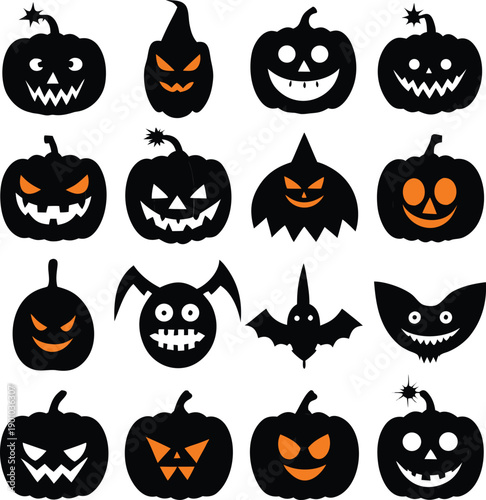 Creative assortment of spooky jack-o'-lantern and halloween-themed graphic icons featuring bats and eerie faces