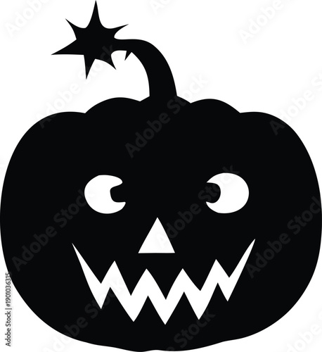 A spooky black and white jack-o'-lantern with a mischievous grin and star-topped stem for halloween decoration