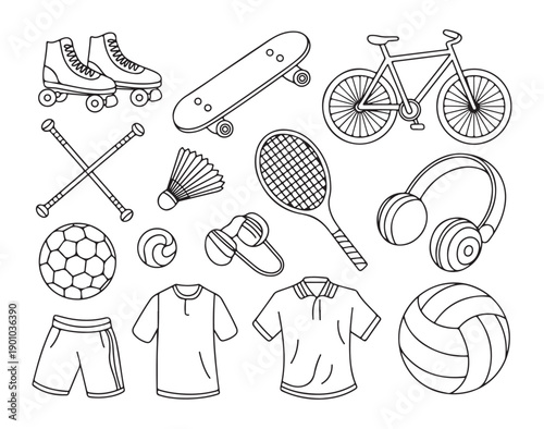 Sports equipment and clothing for active lifestyle and recreation, vector icons set