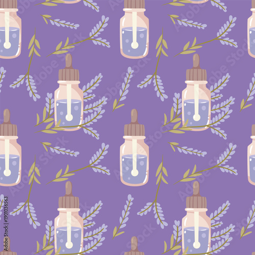 Calm lavender essential oil pattern with purple flowers and bottles. A soothing floral background for sleep aid products or relaxation gift wrap.